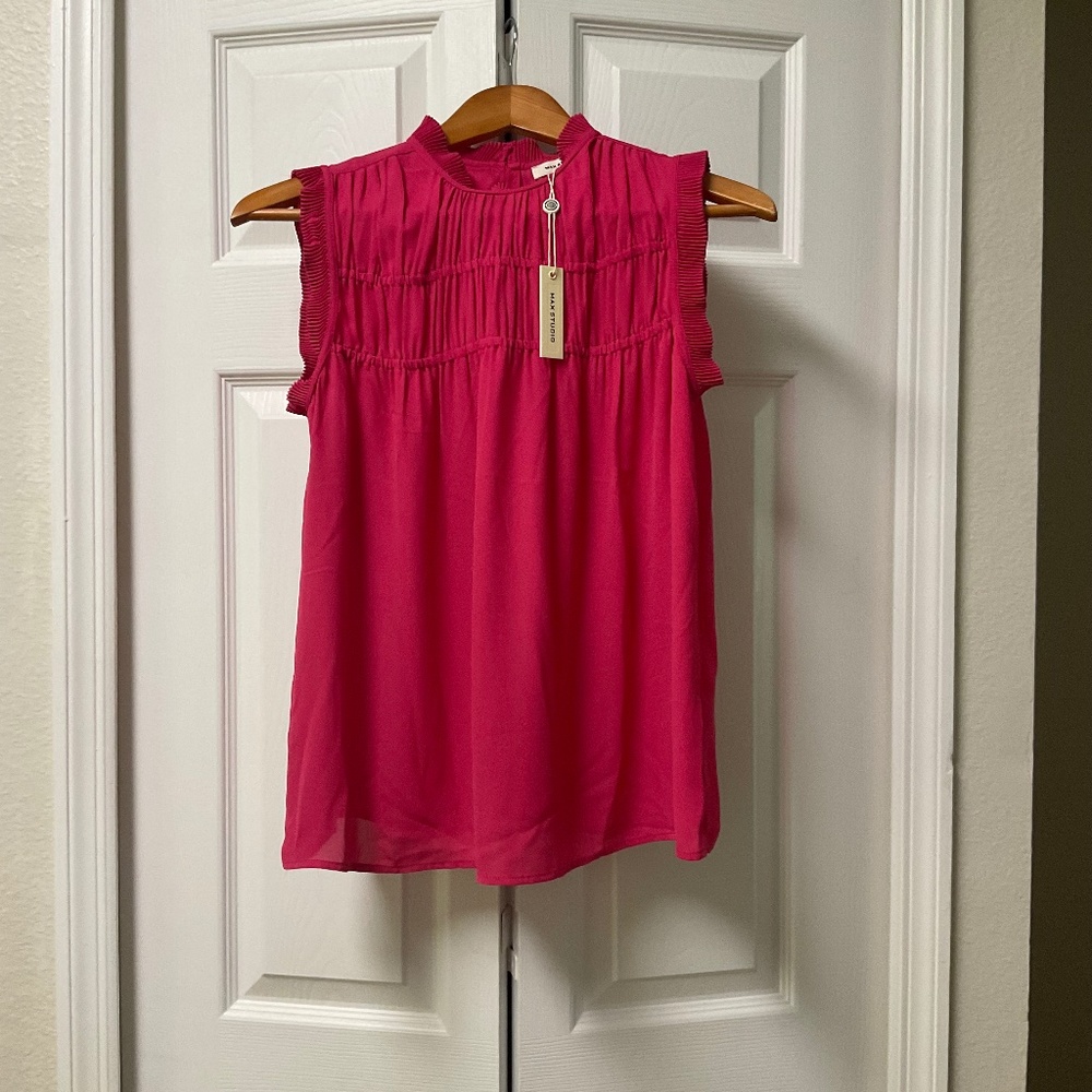 Max Studio Azalea Top Blouse Sleeveless Ruffle Mock Neck Size S Button back